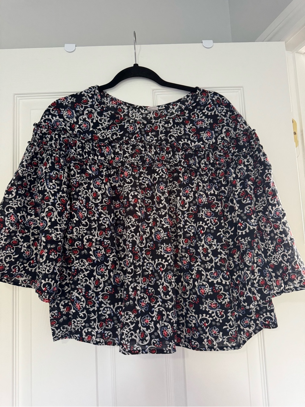 GAP Black Floral Peasant Blouse with Red & White Accents